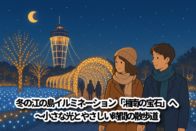 冬の江の島イルミネーション「湘南の宝石」へ～小さな光とやさしい時間の散歩道　ChatGPTのイラスト